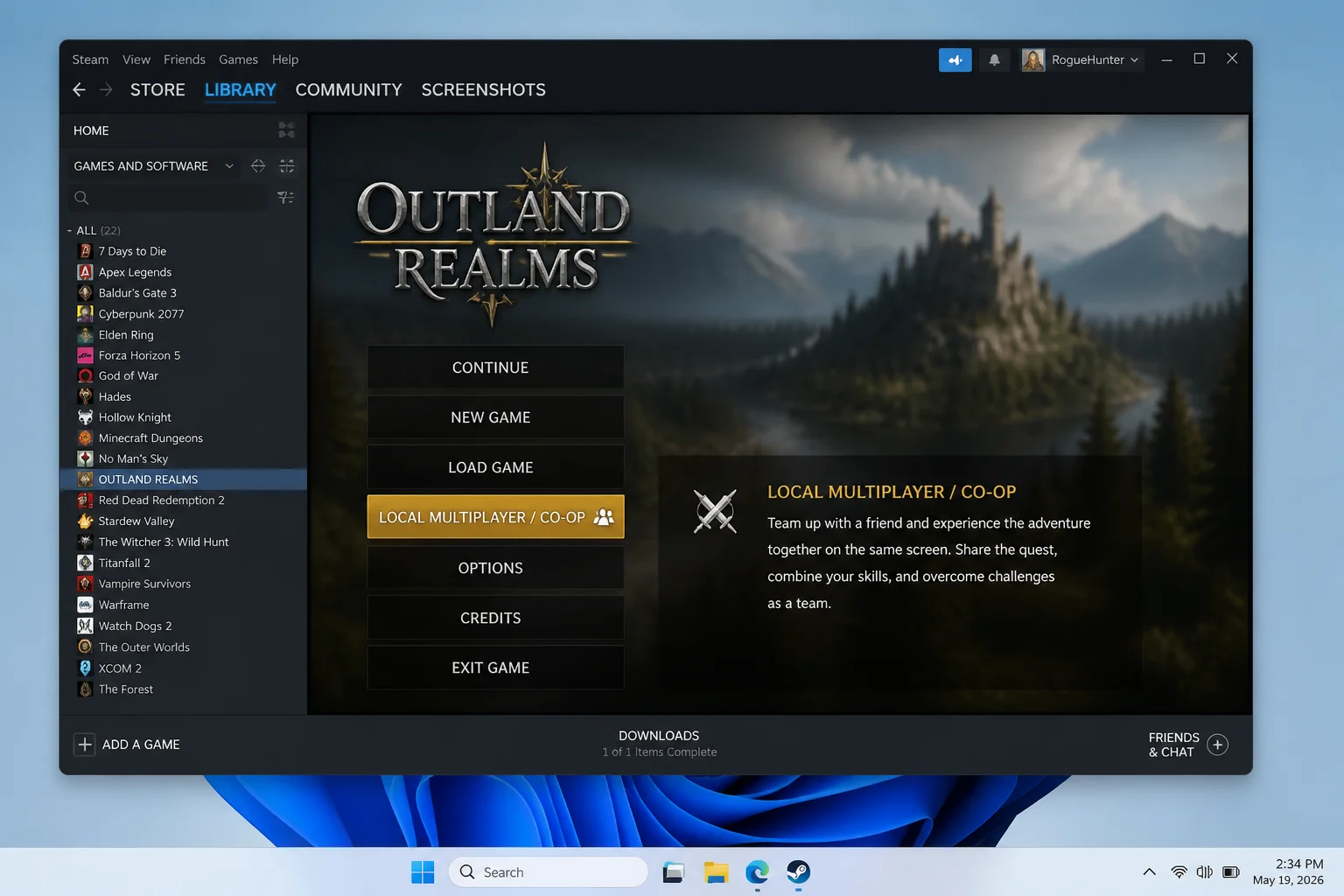 A game's main menu in windowed mode on Windows 11 with the Local Multiplayer or Co-op option highlighted