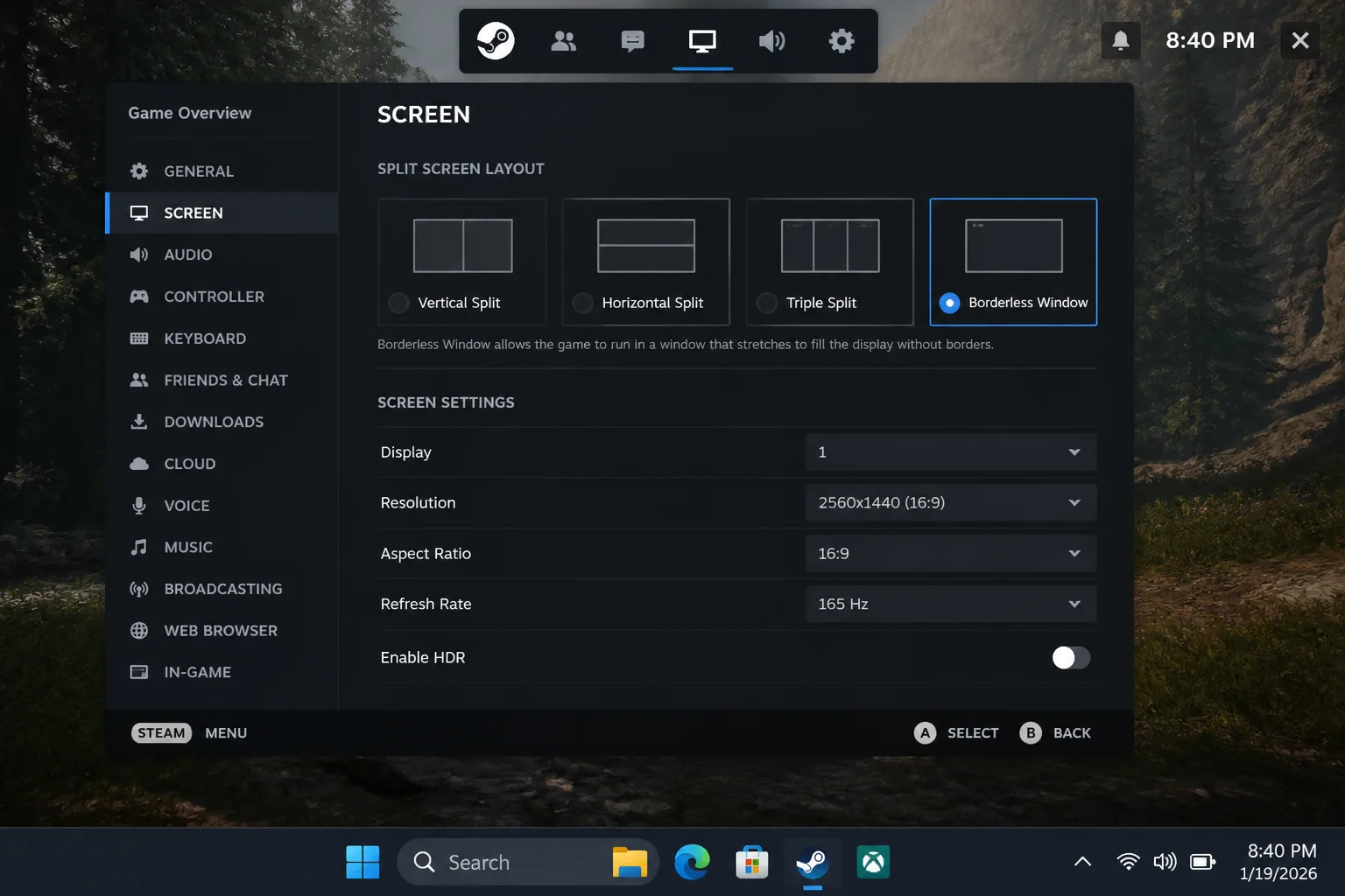 In-game display settings on Windows 11 with borderless window mode selected and split-screen layout options visible