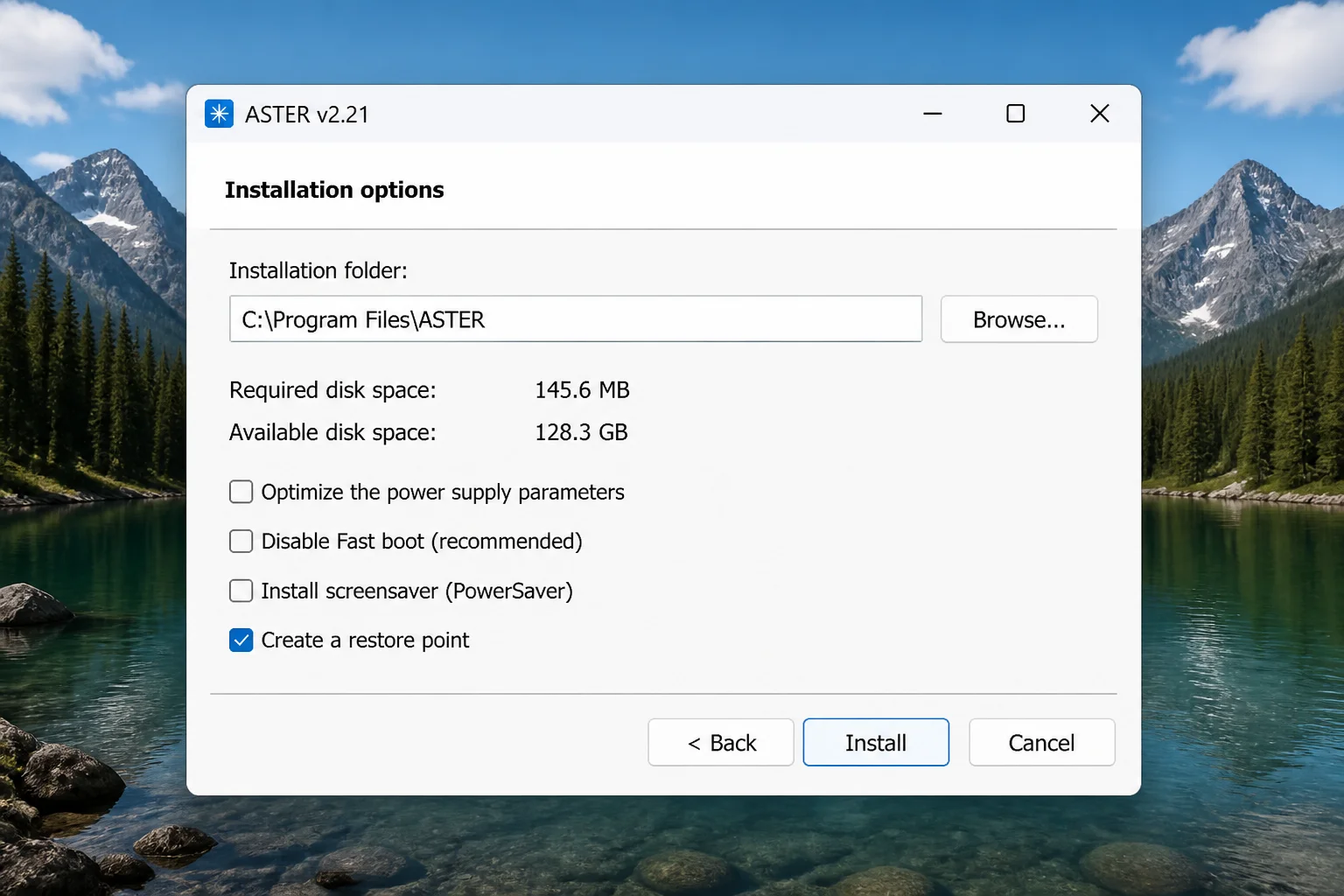 ASTER Multiseat installer showing the Create Restore Point option checked during setup wizard