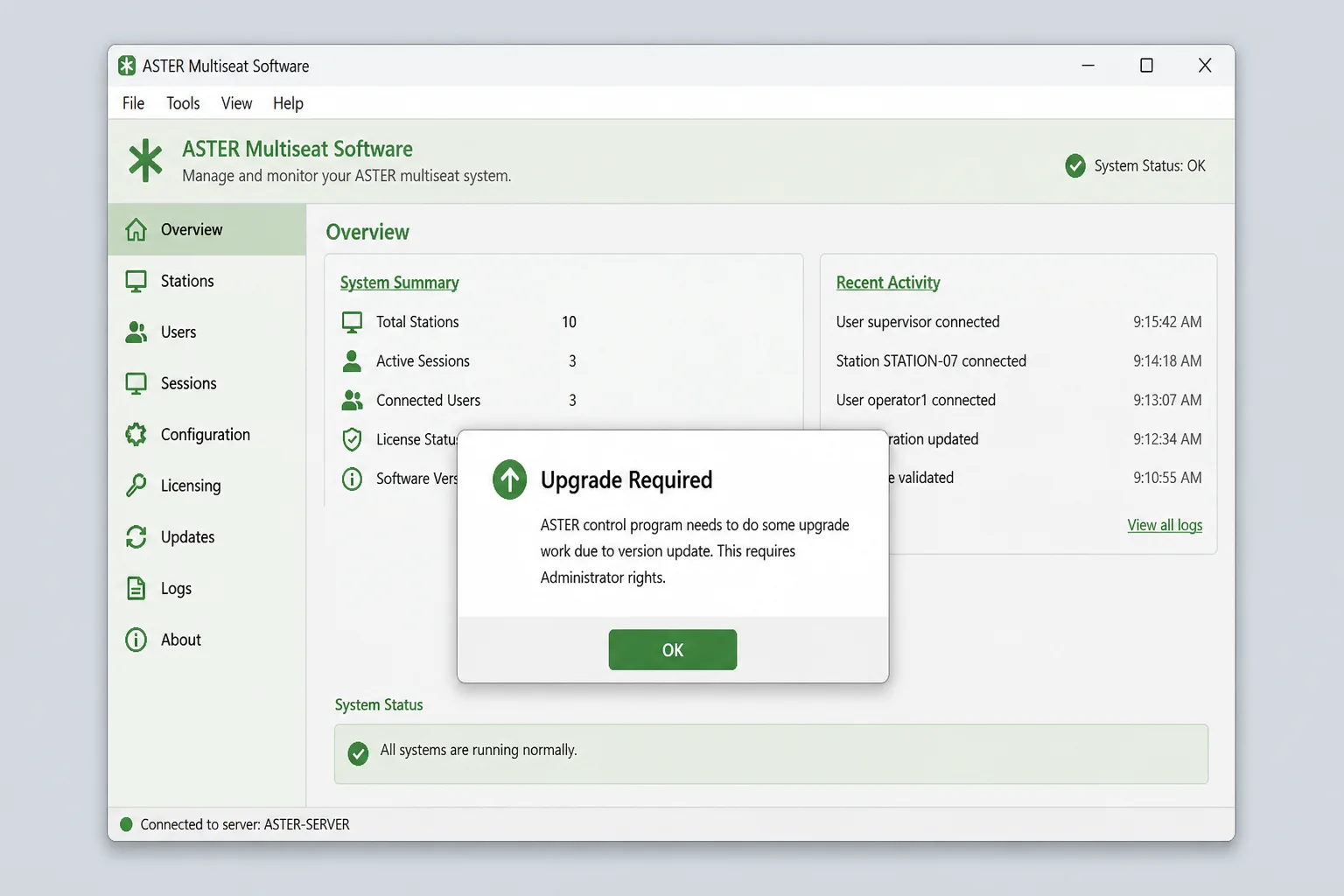 ASTER Multiseat update prompt dialog on first launch with OK button