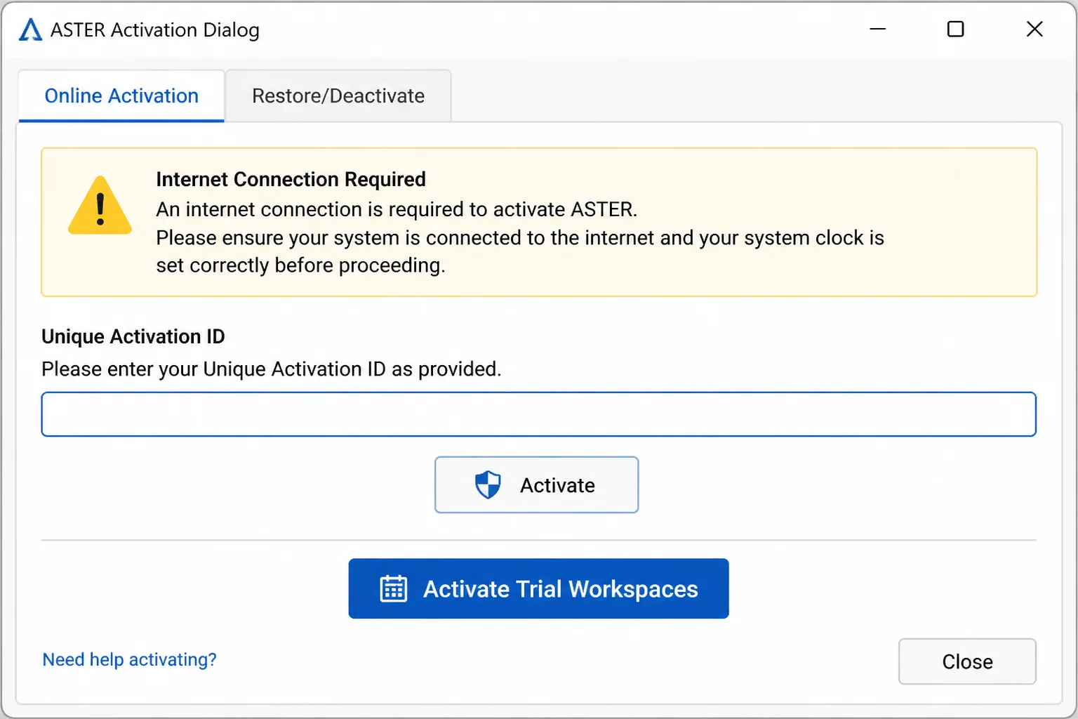 ASTER Multiseat activation dialog with the license key field and trial option both visible