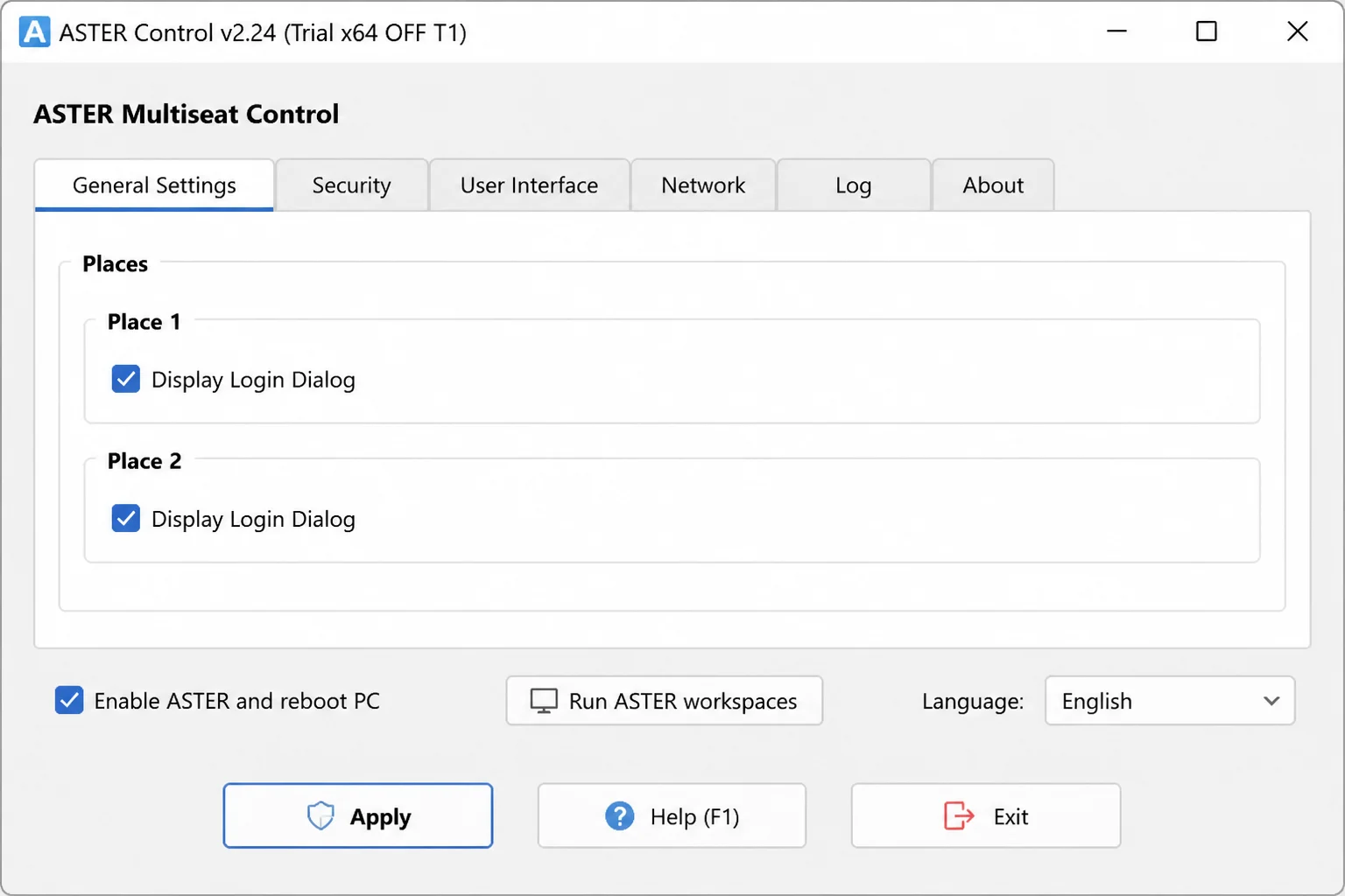 ASTER Multiseat General Settings tab showing two Places with Display Login Dialog enabled for each