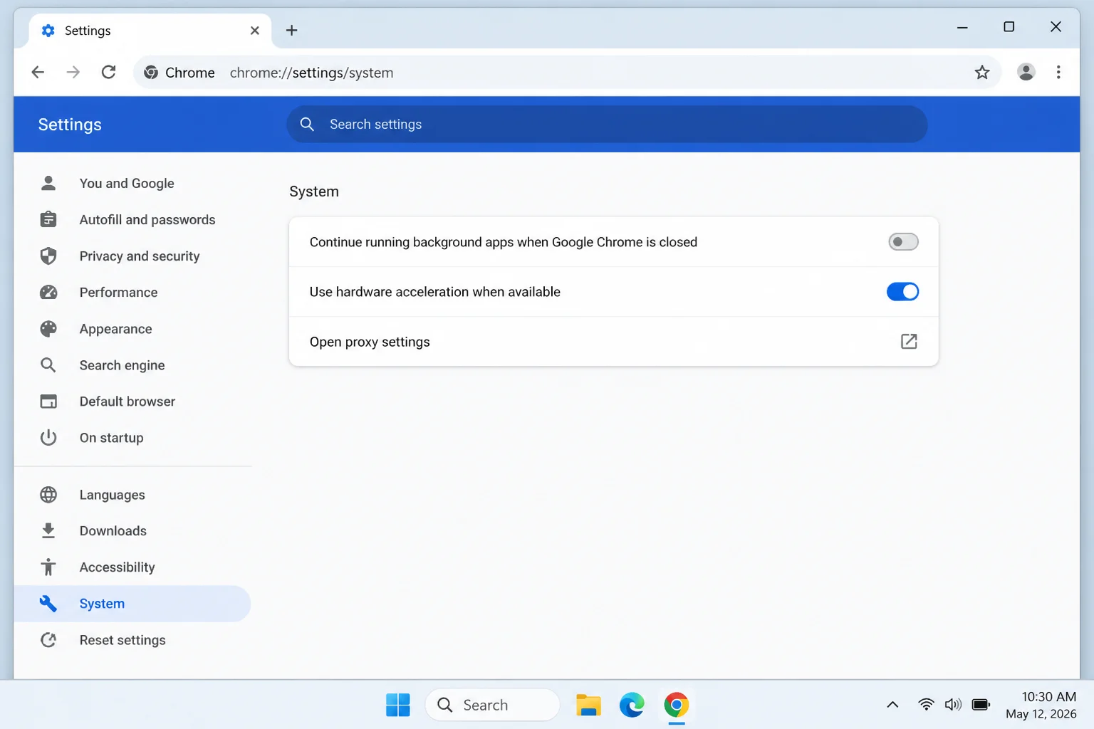 Chrome's System settings page showing the hardware acceleration toggle