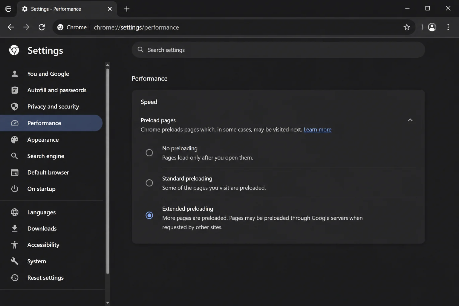 Chrome's Performance settings page showing the Preload pages options