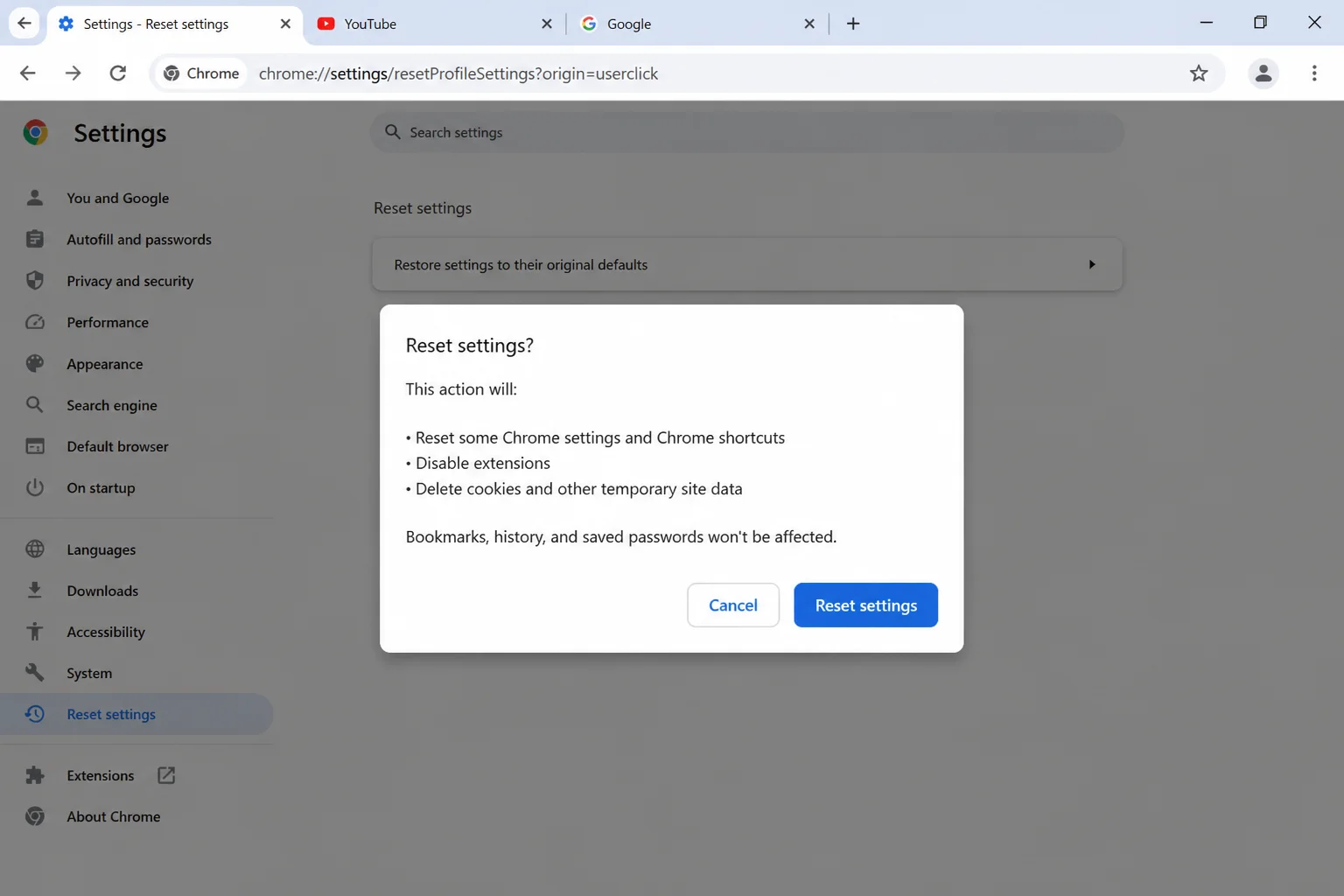 Chrome's Reset settings confirmation dialog used to restore Chrome to its default configuration