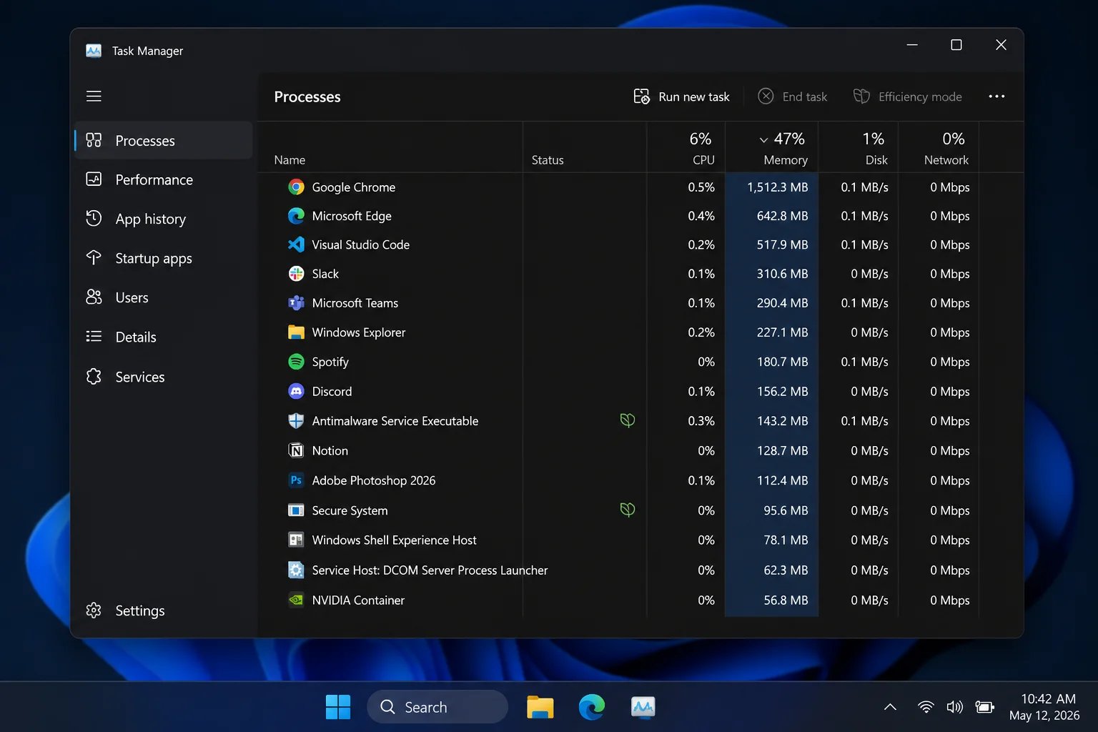 Windows Task Manager with the Performance or Processes tab open, showing memory usage sorted from highest to lowest