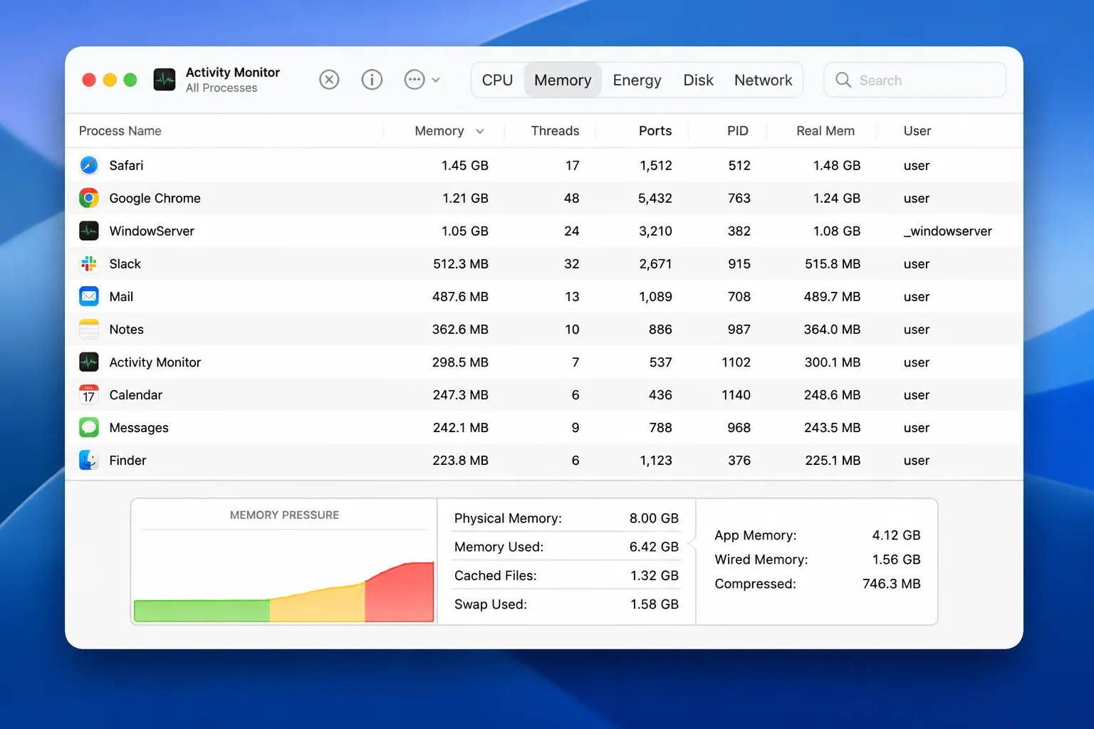 macOS Activity Monitor with the Memory tab open, showing the Memory Pressure graph