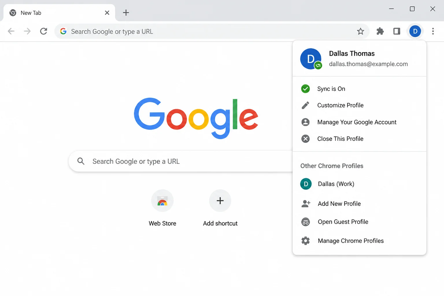 Chrome's profile switcher menu showing existing profiles and the option to add a new profile