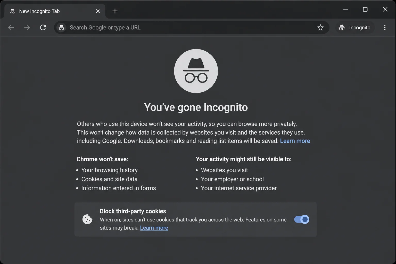 A Chrome Incognito window's default start screen with the Incognito icon visible in the top corner