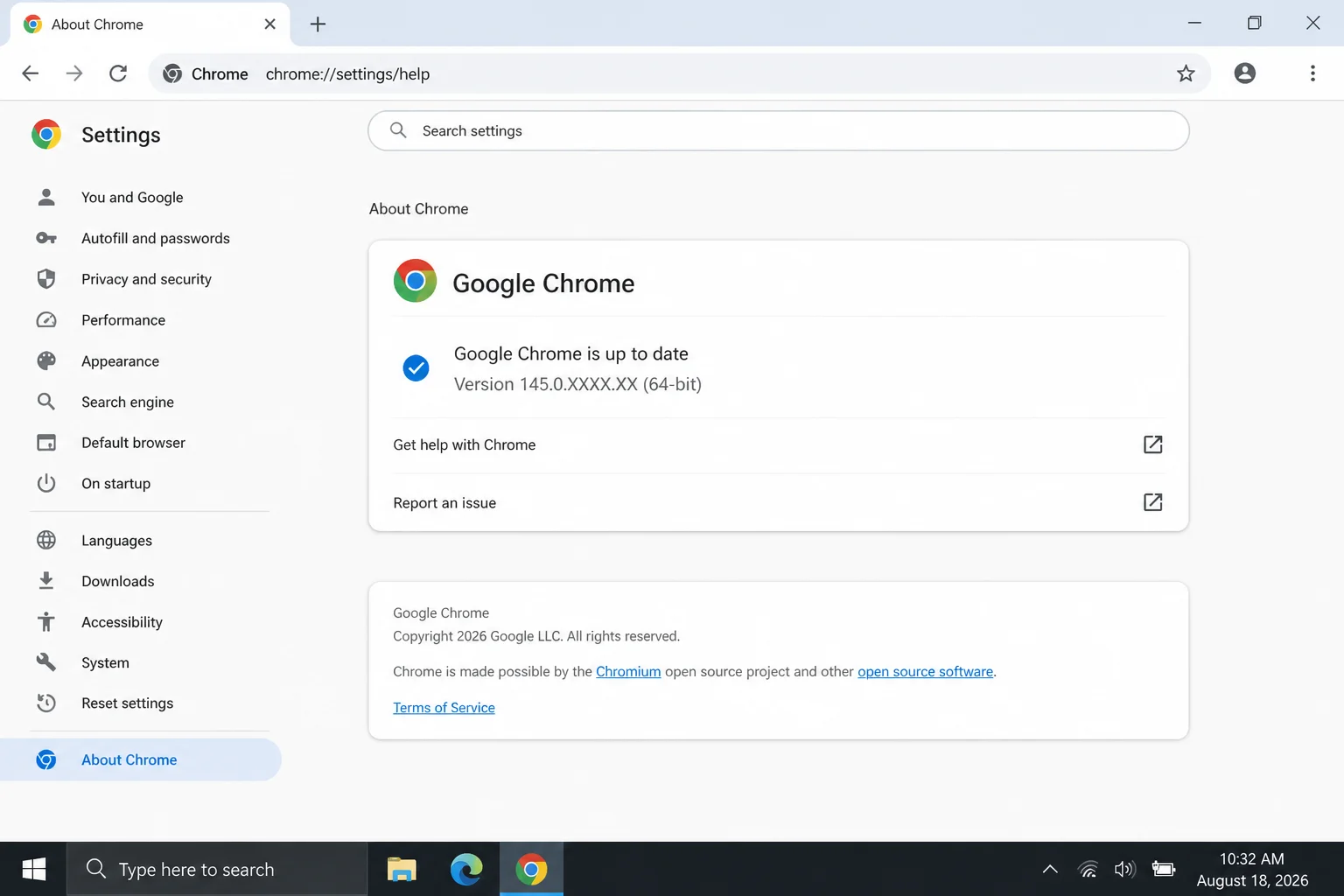 Chrome's About Chrome page showing the current version number and update/relaunch status