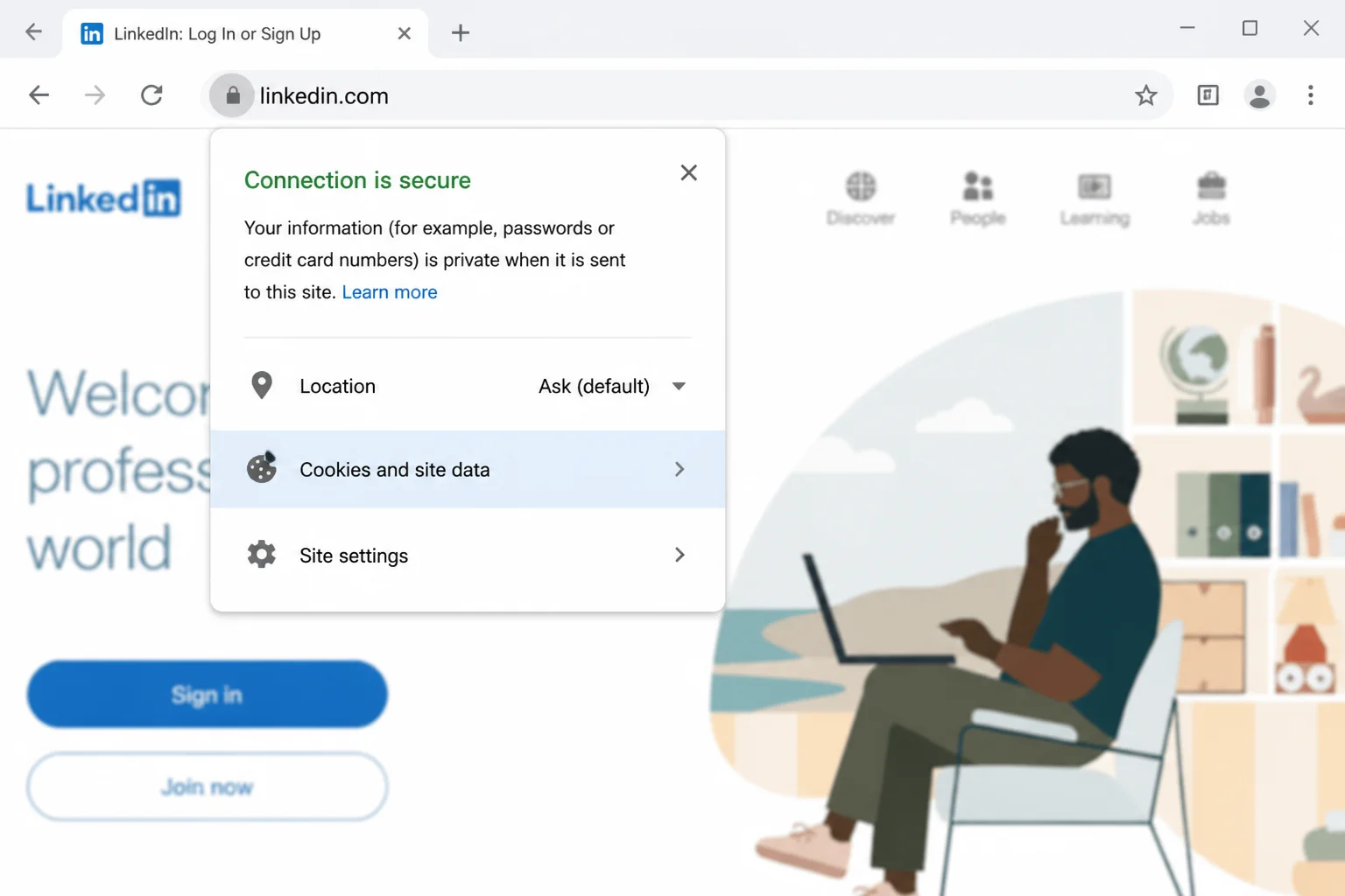 Chrome's site information panel opened from the address bar lock icon, showing the Cookies and site data option for linkedin.com