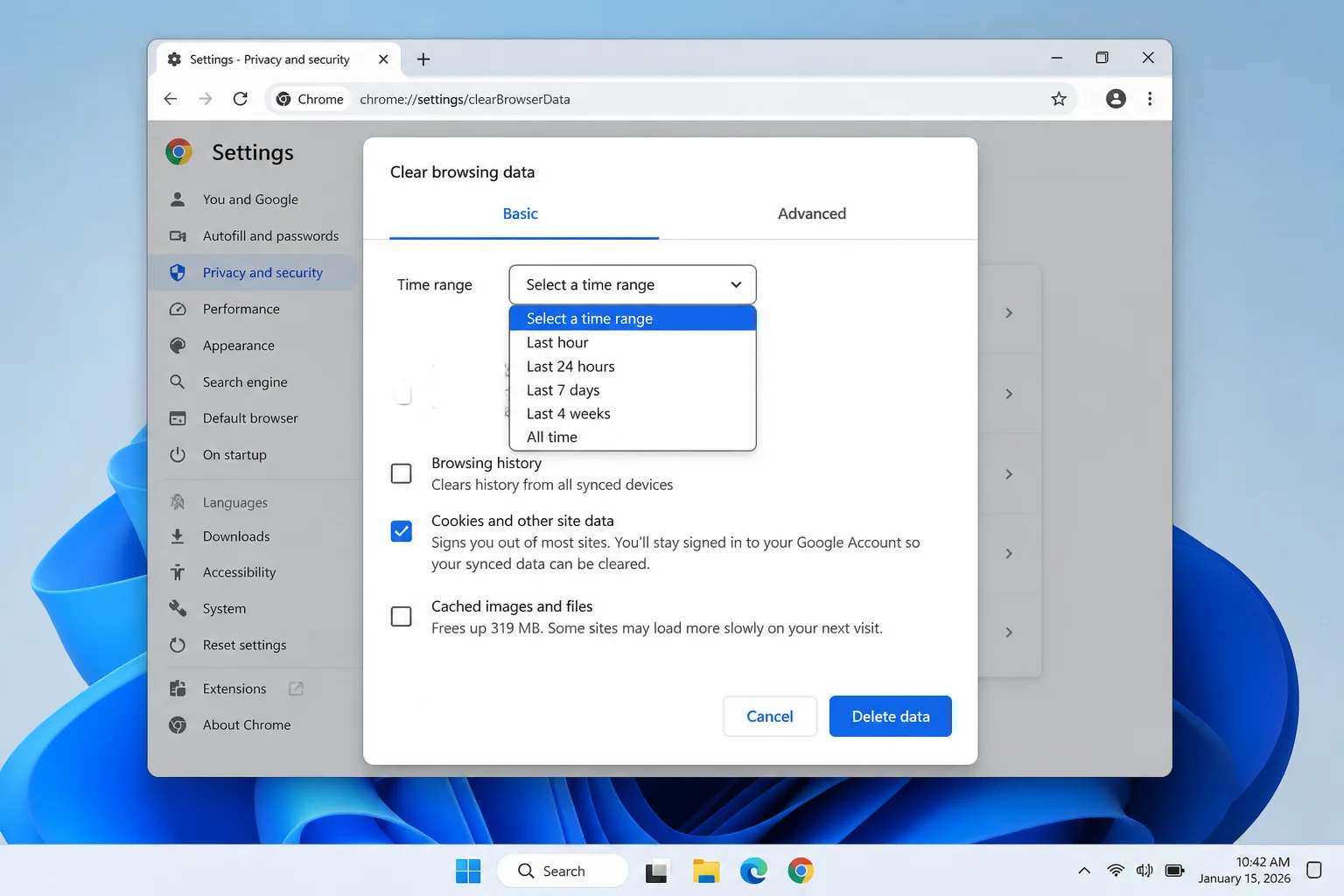Chrome's Clear browsing data dialog showing the Time range dropdown and the Cookies and other site data checkbox