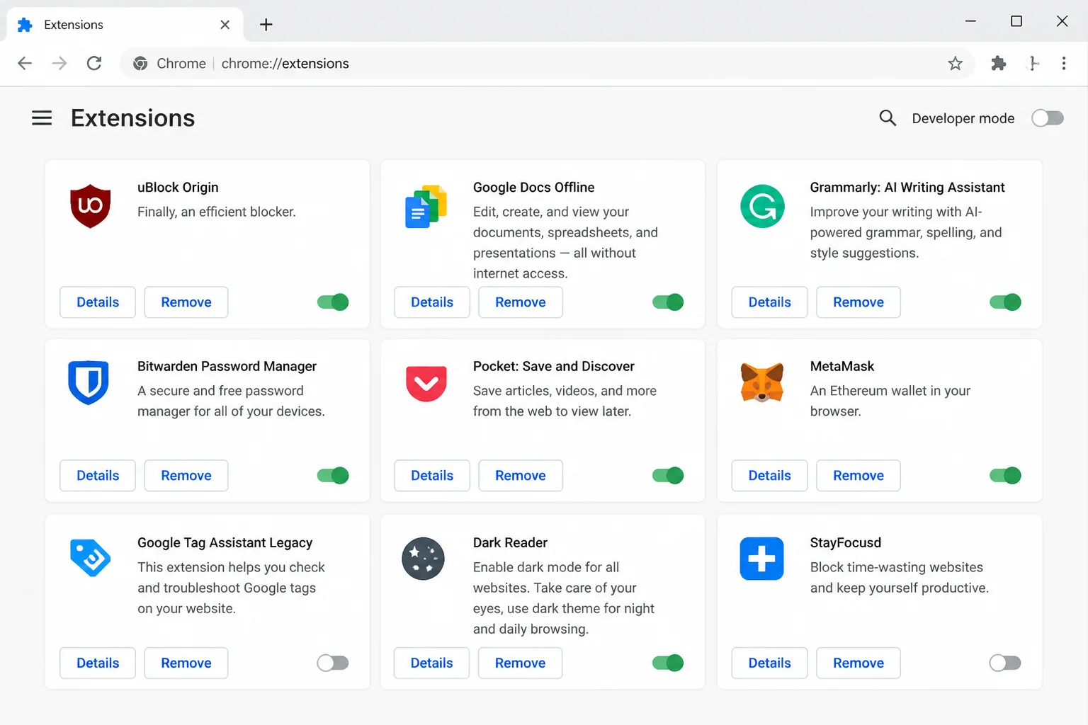 Chrome's Extensions management page listing installed extensions with individual enable/disable toggles
