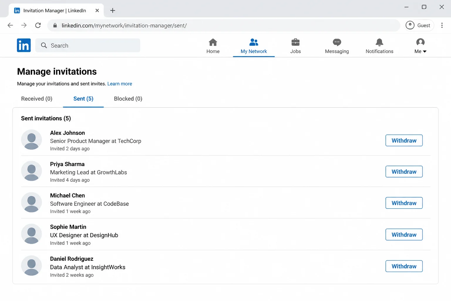LinkedIn Invitation Manager Sent tab with pending requests and a Withdraw button highlighted