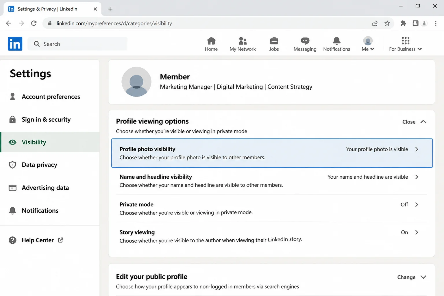 LinkedIn Settings & Privacy Visibility panel with the profile photo visibility control highlighted