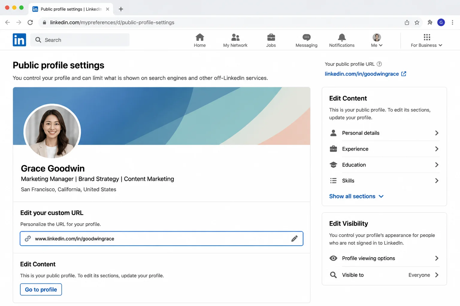 LinkedIn public profile settings page with the pencil icon and editable custom URL field highlighted