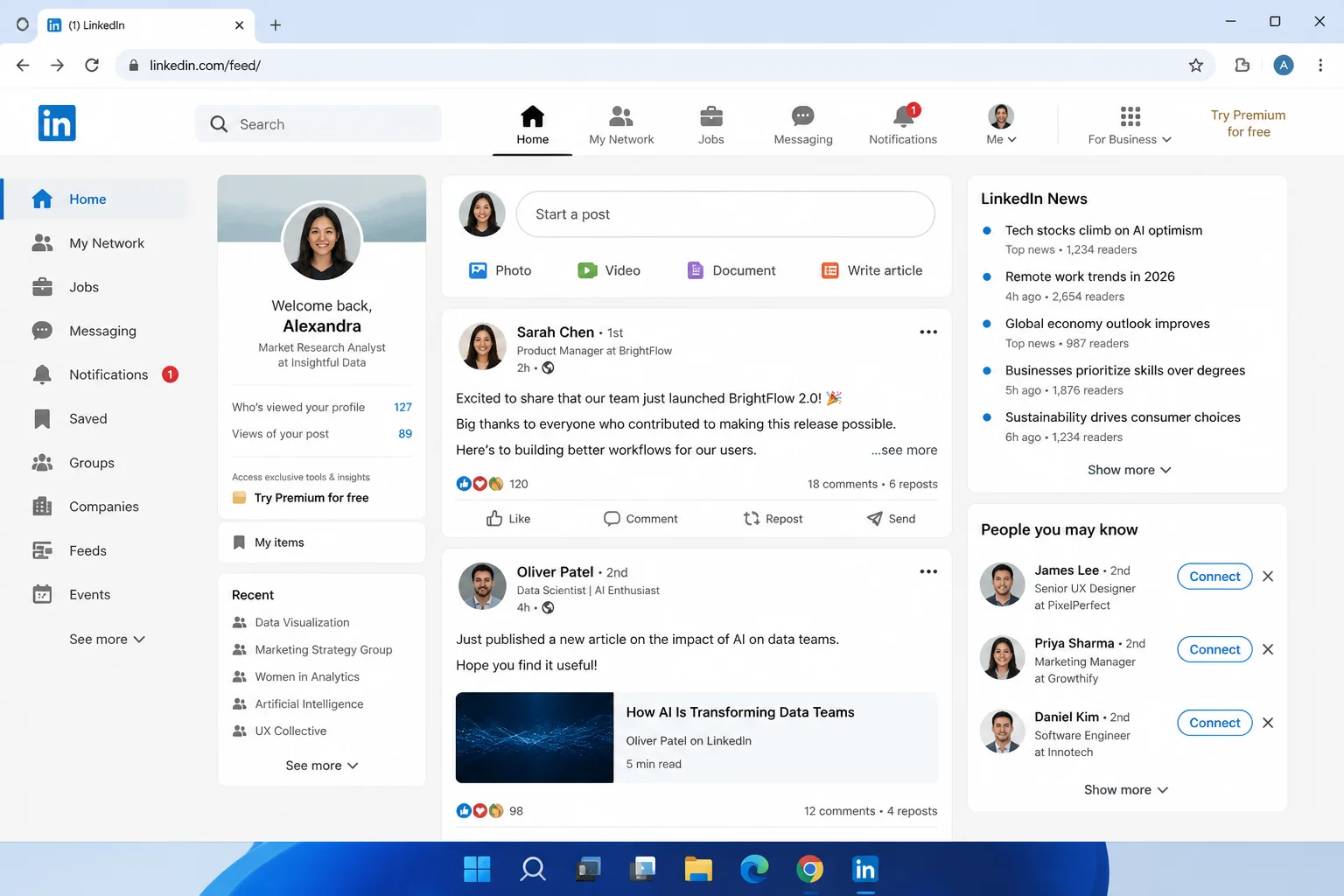 Signed-in LinkedIn home feed showing the normal post stream and feed controls