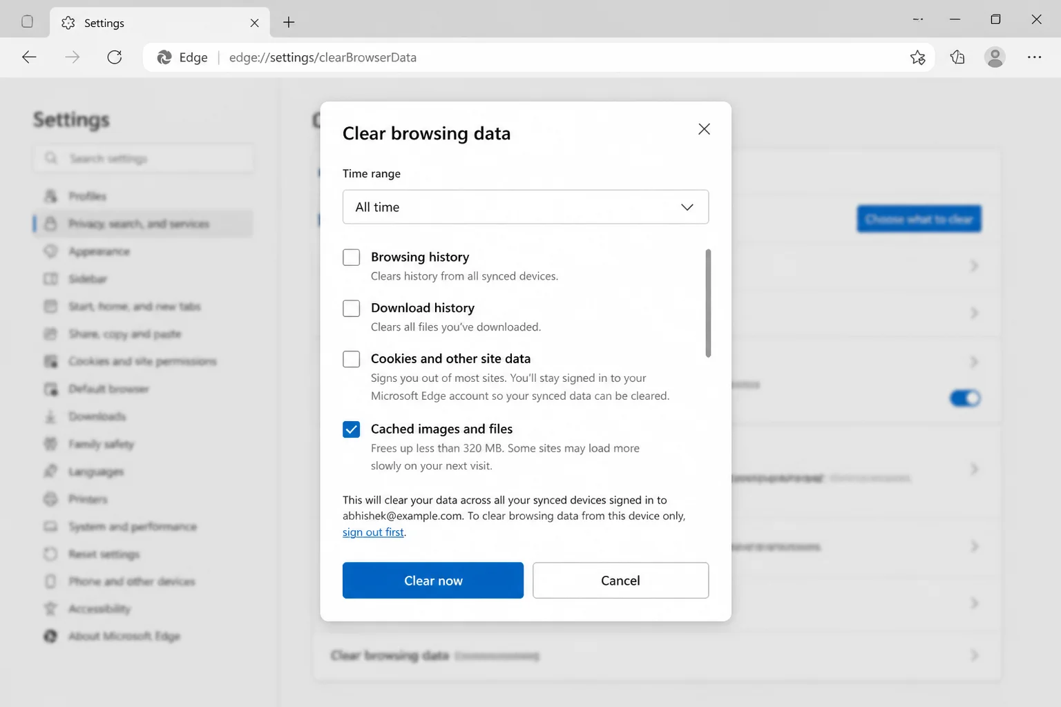 Chrome or Edge clear browsing data dialog with Cached images and files and the clear button highlighted