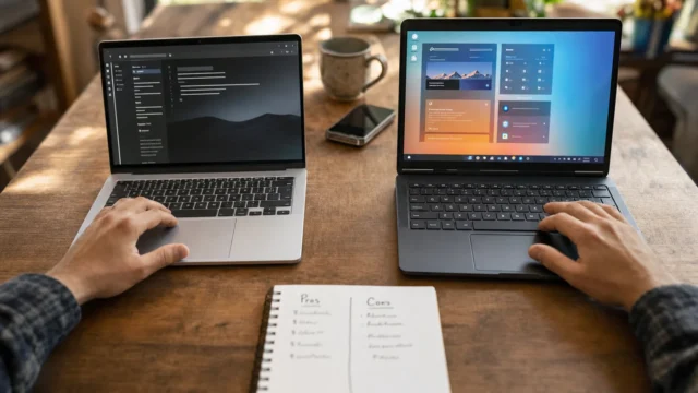 Two open laptops on a wooden table, hands typing, with a notebook listing pros and cons in the foreground. - mac-vs-pc-pros-and-cons-list-featured