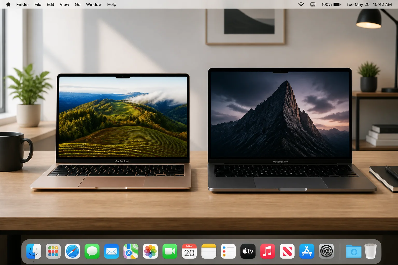 Modern Mac lineup showing MacBook Air and MacBook Pro side by side on a clean desk, representing current Apple Silicon models