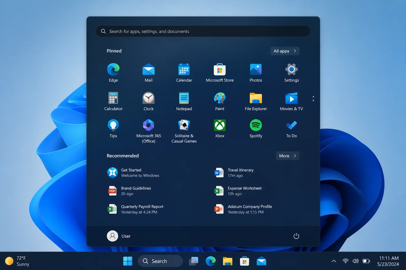 Windows 11 desktop showing Start menu, taskbar, and a variety of open apps representing the modern Windows 11 interface