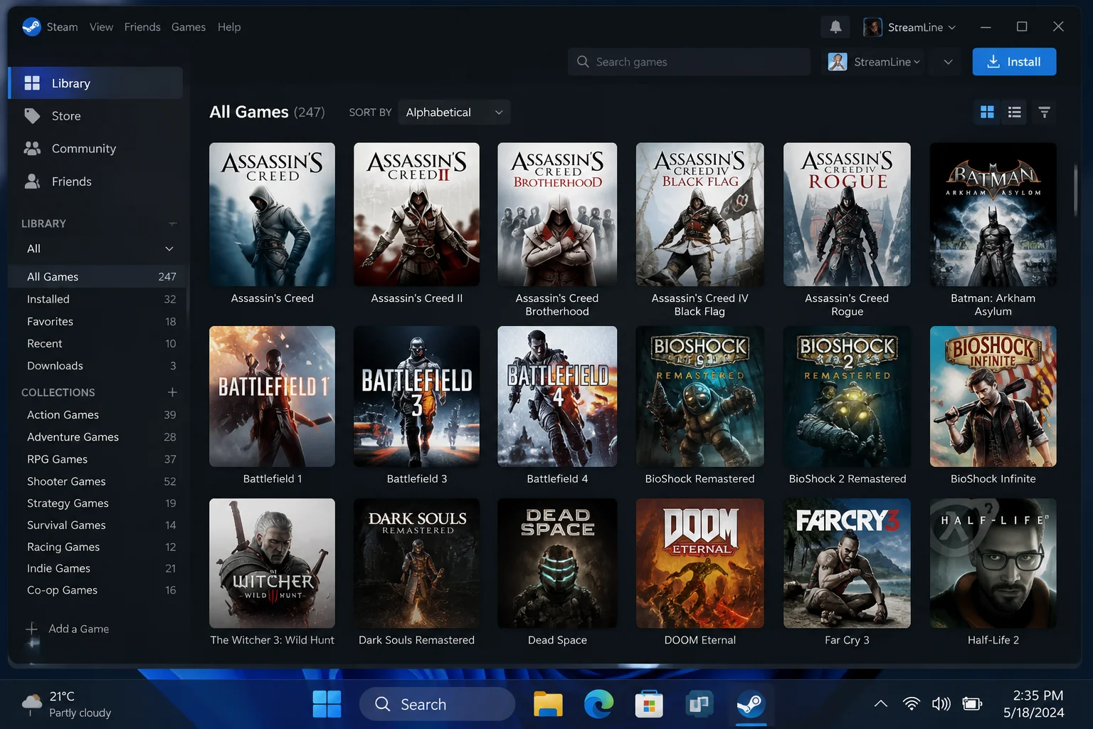 Steam library on Windows 11 showing a large game collection, representing Windows gaming dominance