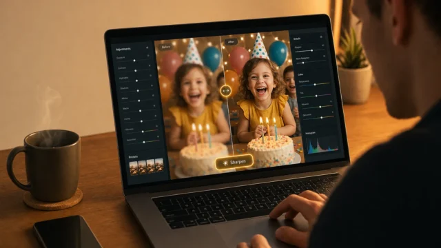 Person editing a birthday party photo on a laptop, showing a before/after split on screen with party hats and cakes. - make-blurry-pictures-clear-featured