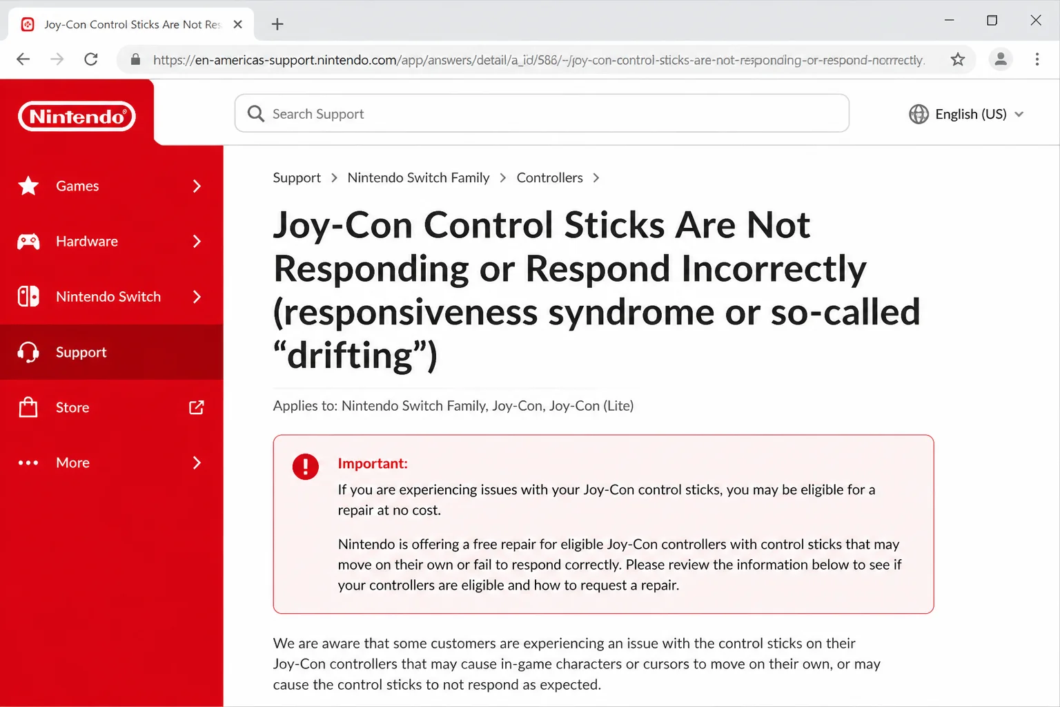 Nintendo public support page showing the Joy-Con responsiveness heading, covered EEA UK and Switzerland regions, and relevant conditions or exclusions