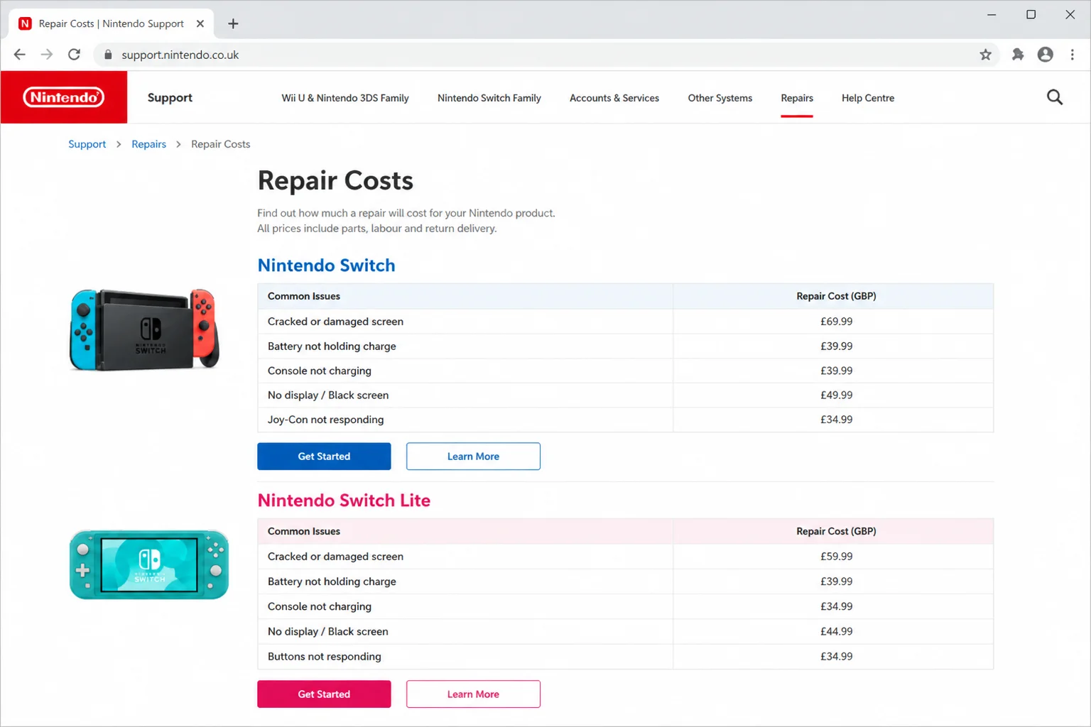 Nintendo public repair-pricing page showing the applicable region and instructions for checking current repair pricing