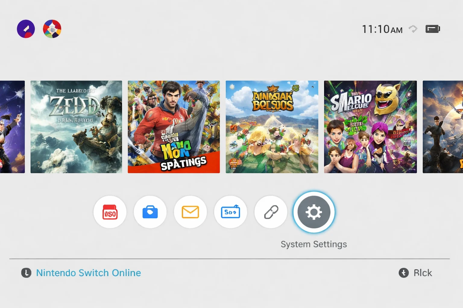 Nintendo Switch Home Menu with the gear-shaped System Settings icon highlighted