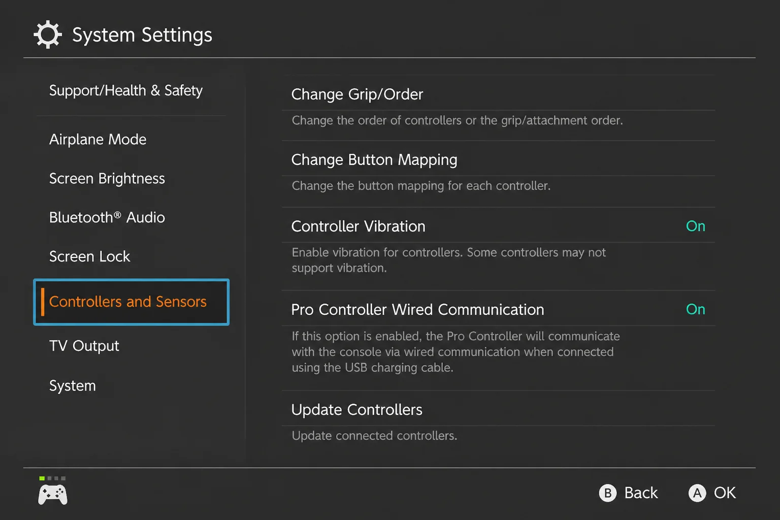 Nintendo Switch System Settings showing Controllers and Sensors highlighted in the left column