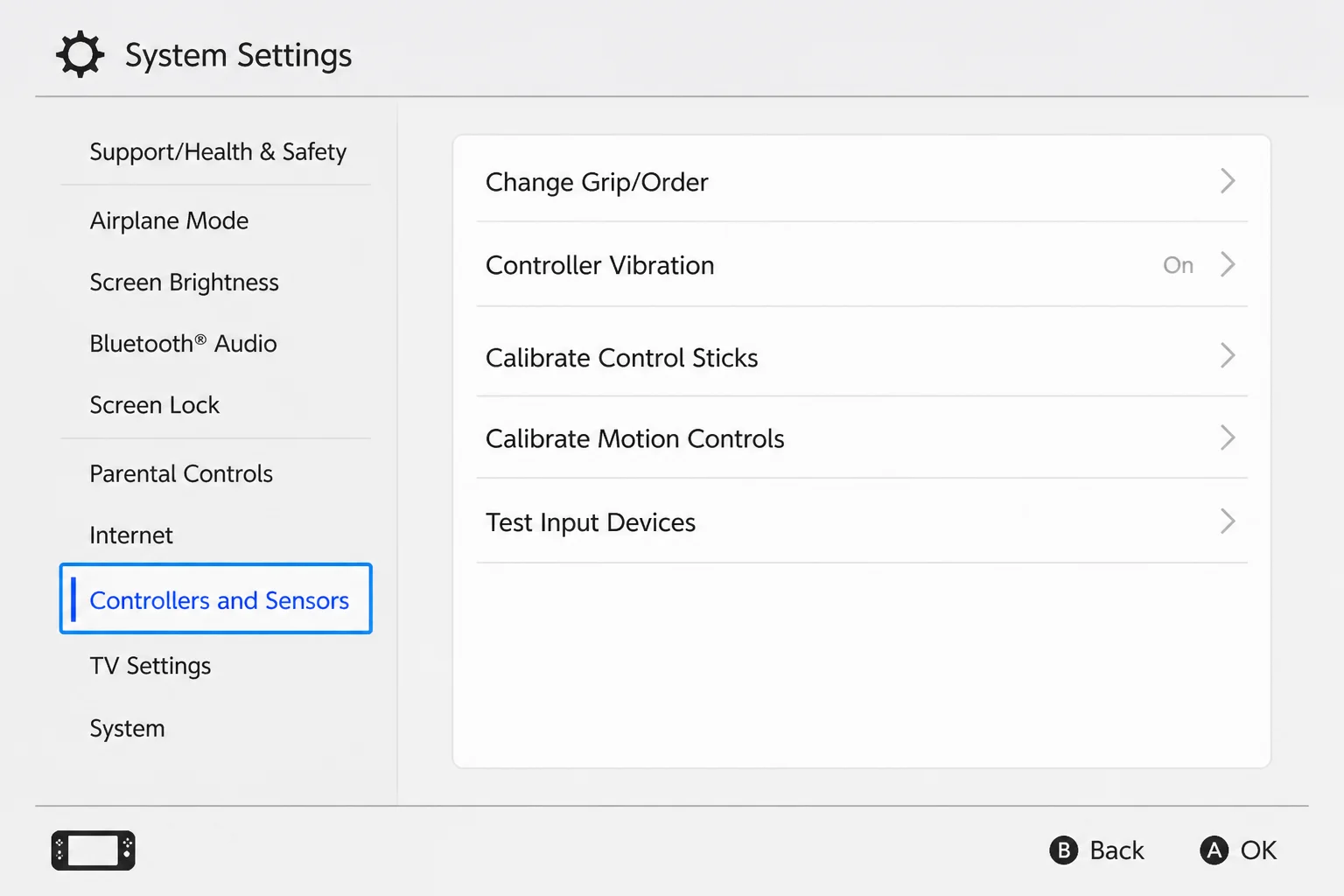 Nintendo Switch Controllers and Sensors menu with Calibrate Control Sticks highlighted