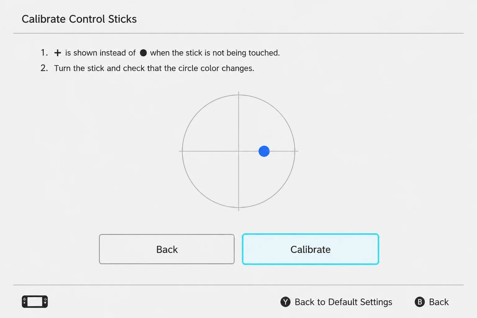 Nintendo Switch stick-selection screen showing the selected control stick and the Press X to calibrate instruction
