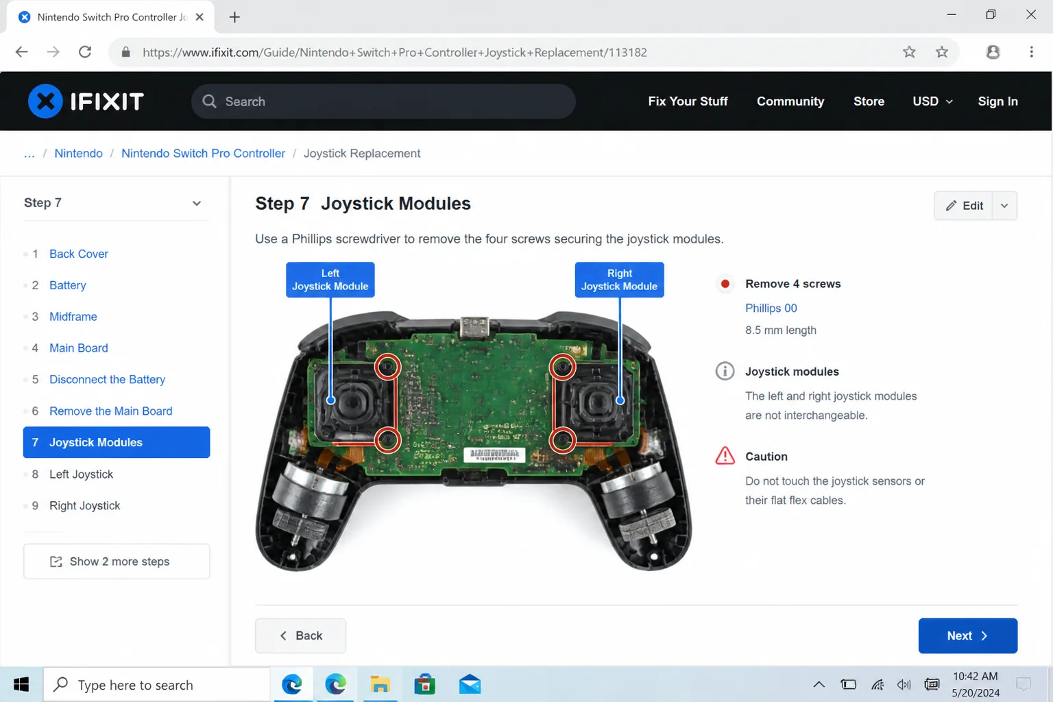 Public iFixit guide image showing access to the Pro Controller stick area, with the stick assembly and visible screw locations identified
