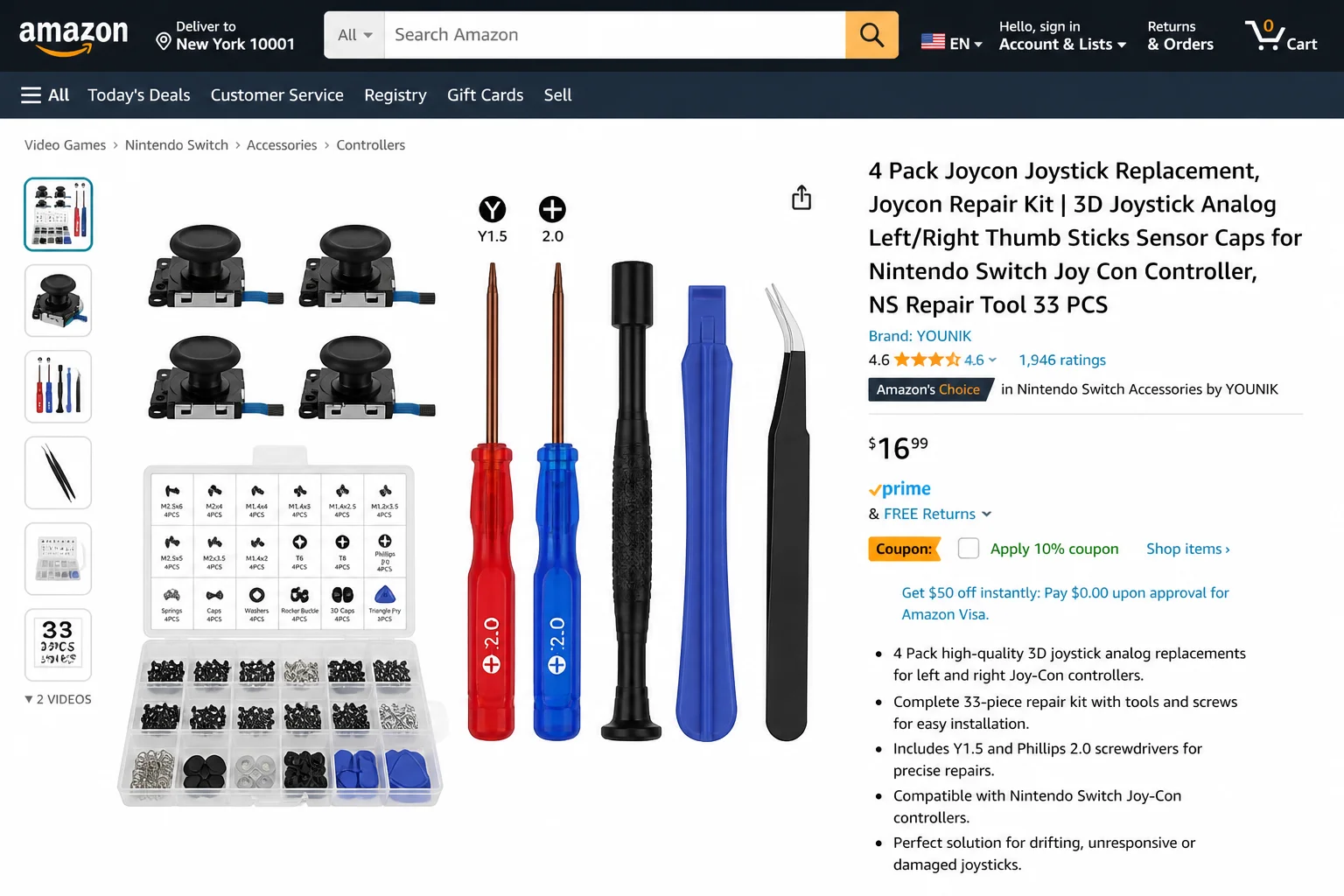 Joy-Con replacement kit laid out before disassembly, showing the verified compatible stick module, screwdrivers, plastic opening tool, tweezers, and screw organizer