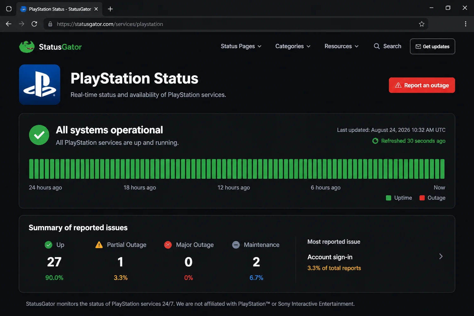 StatusGator PlayStation status page showing overall up/down status label and reported issues summary