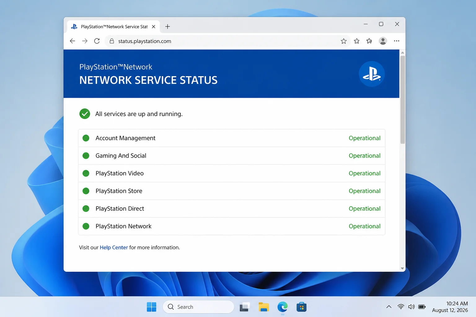 Windows browser window with status.playstation.com open, showing the service status list