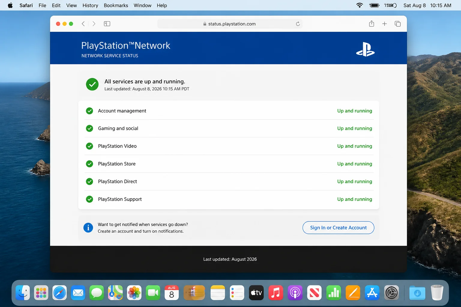 macOS browser window with status.playstation.com open, showing the service status list