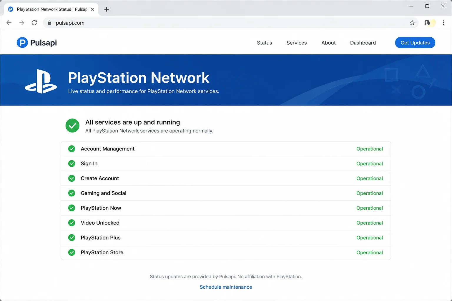 PulsAPI PlayStation Network status tracker page showing current PSN operational status as an additional cross-check source
