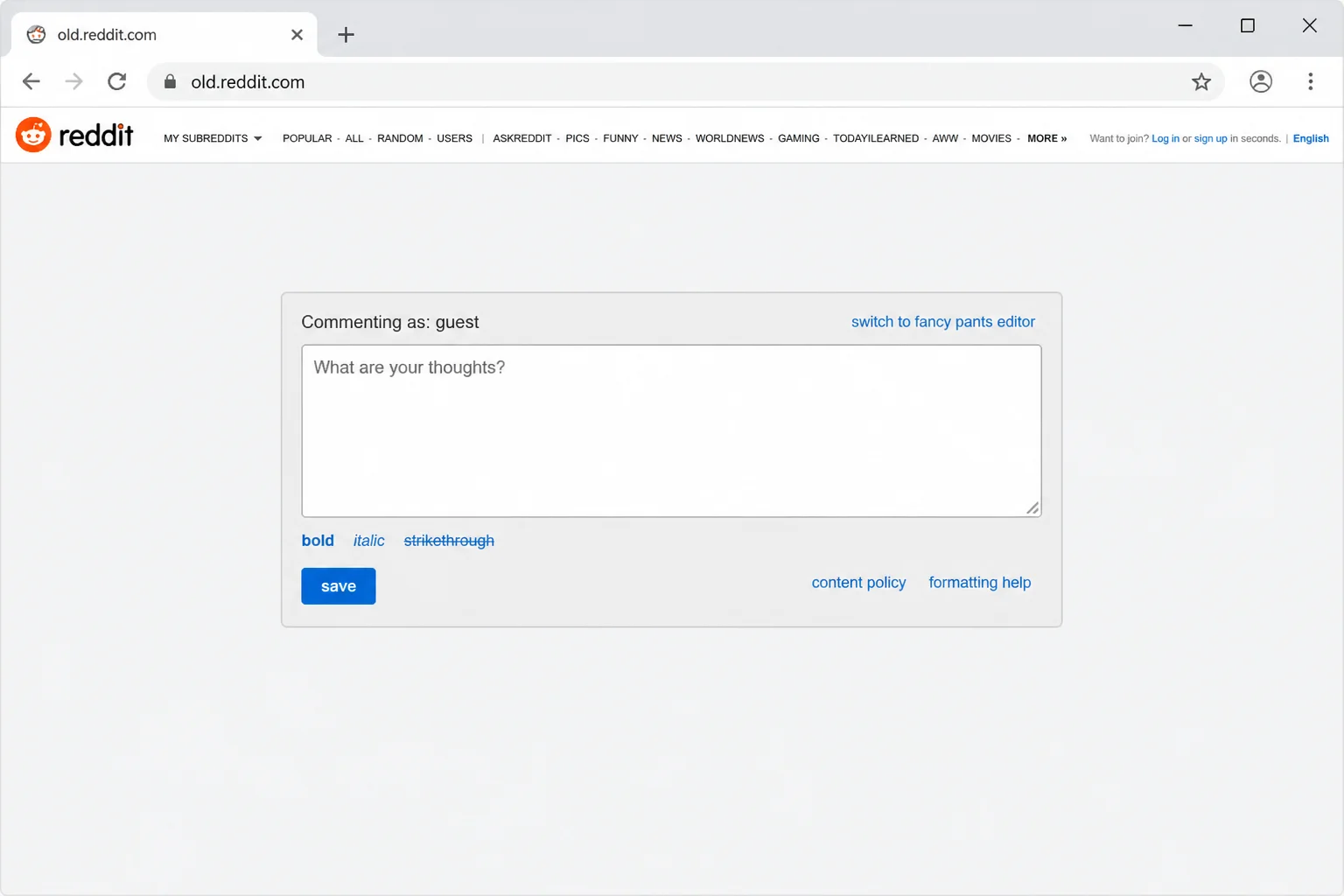 old.reddit.com comment box showing plain Markdown text input with formatting help links displayed underneath