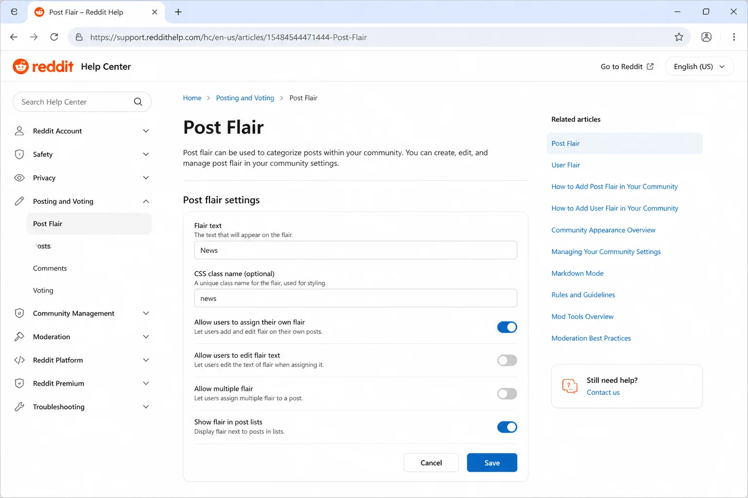 Reddit Help Center homepage showing formatting and flair-related support articles