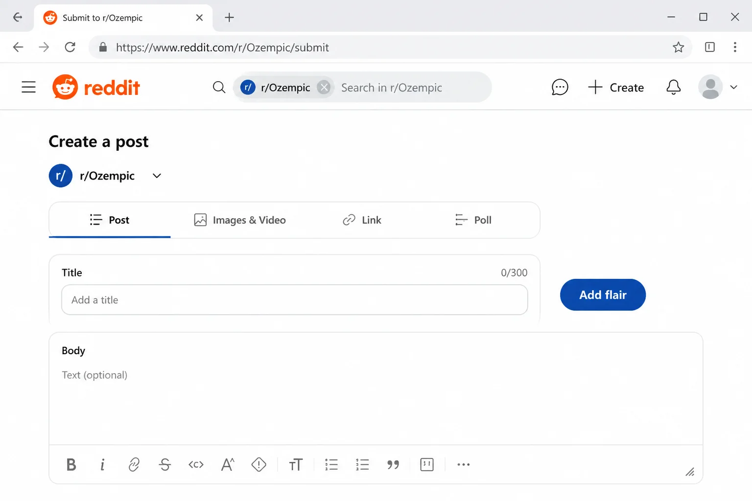 Post submission page on reddit.com with the community selected, showing the "Add flair" button near the title field