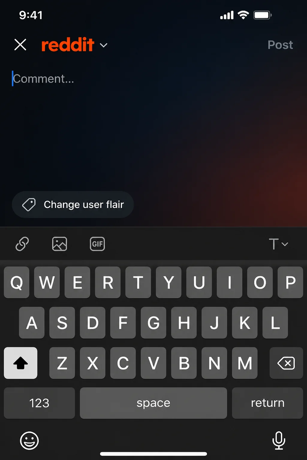 Reddit iOS app post composer screen showing the flair selection chip above the keyboard