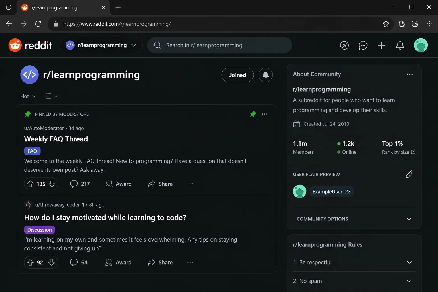 Subreddit sidebar showing the community menu area where a user flair edit option would appear next to the member's username