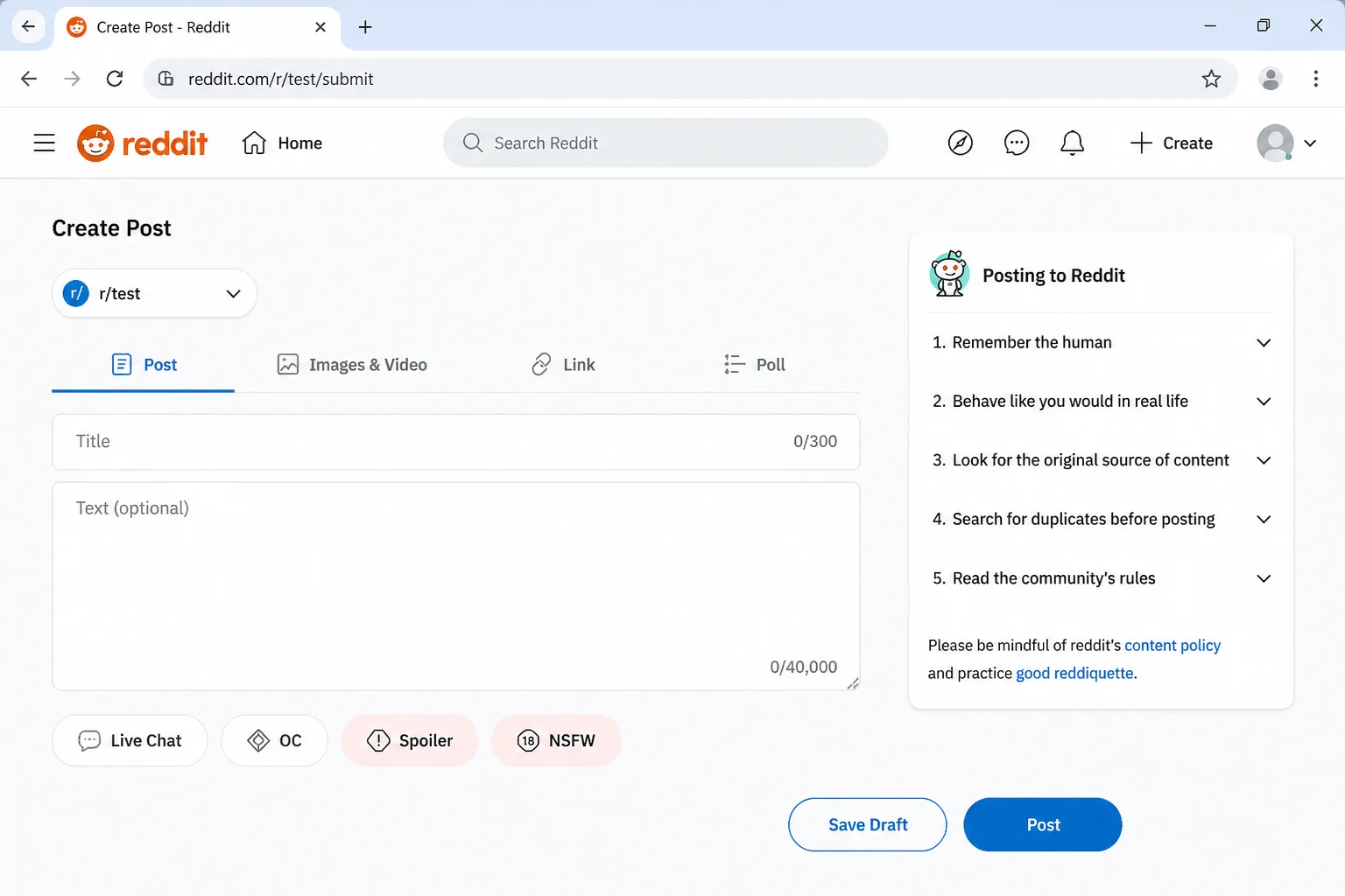 Post creation screen on reddit.com showing the Spoiler toggle next to the NSFW toggle
