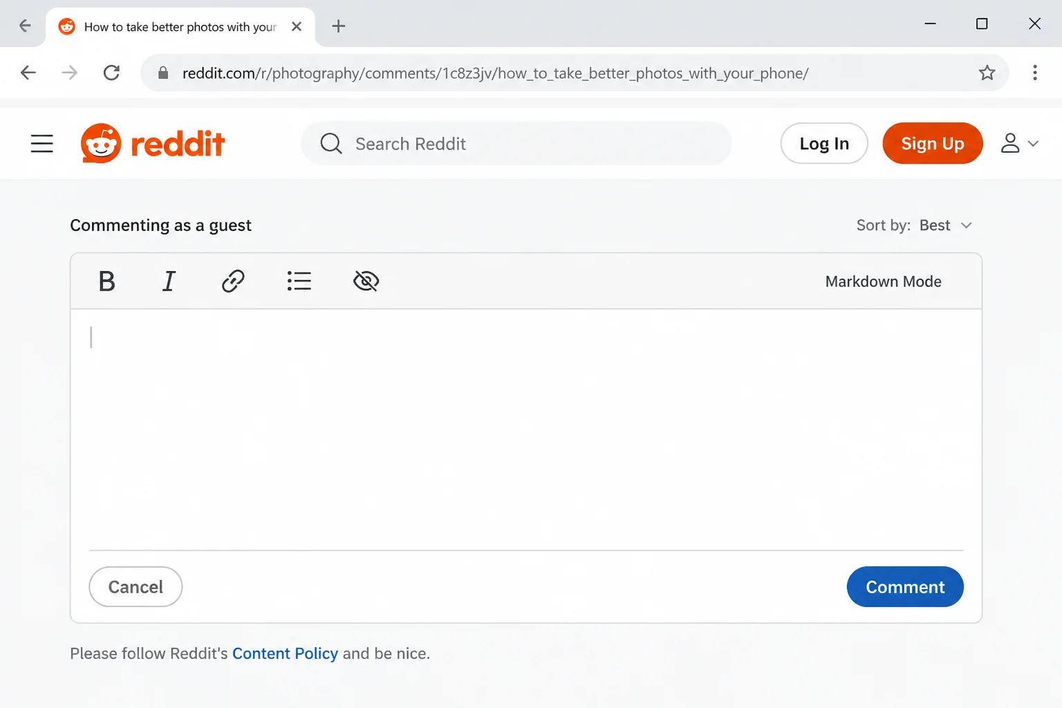 Close-up of the rich-text formatting toolbar in a Reddit comment box showing bold, italic, link, list, and spoiler icons