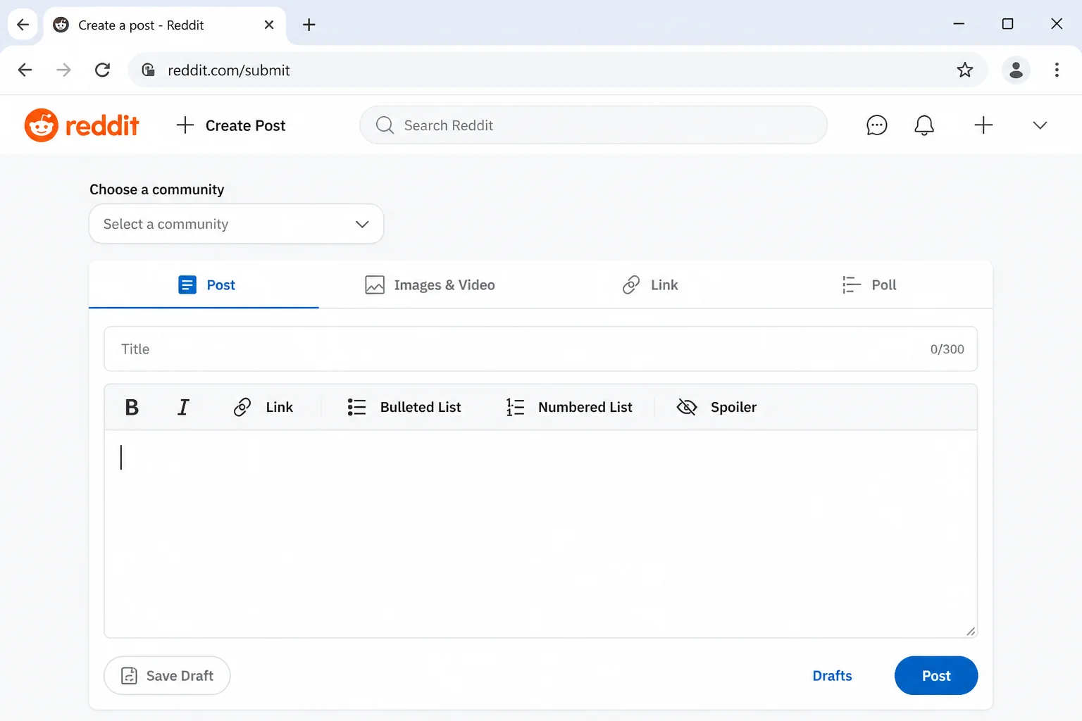 Rich-text editor toolbar on reddit.com with bold, italic, link, list, and spoiler formatting icons visible and labeled