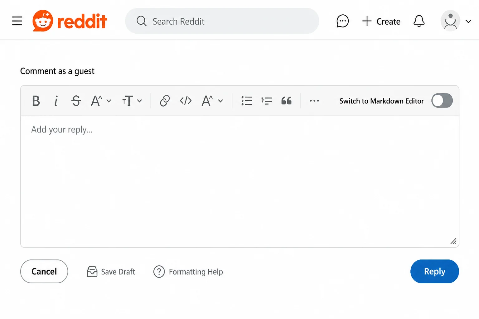 Comment box on reddit.com showing the toggle to switch between rich-text editing and raw Markdown mode