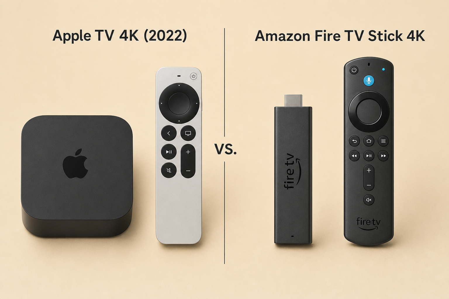 Apple TV 4K (2022) and Amazon Fire TV Stick 4K side by side, showing both devices against a neutral background