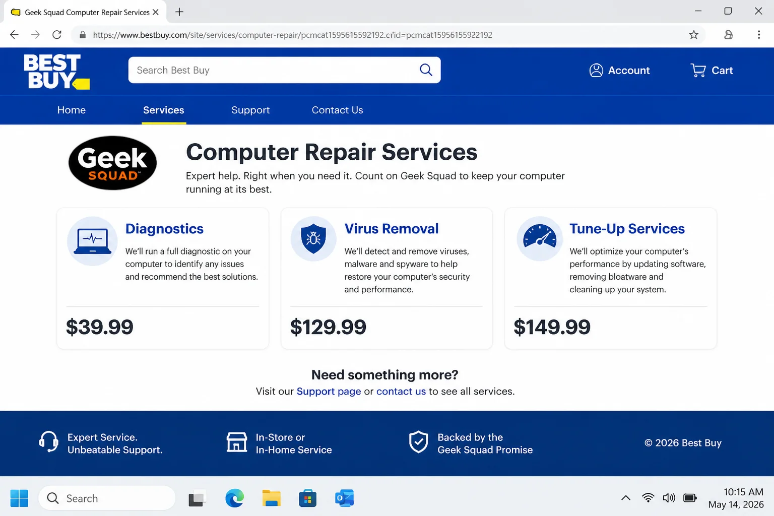 Best Buy Geek Squad computer repair services page showing pricing for diagnostics, virus removal, and tune-up services